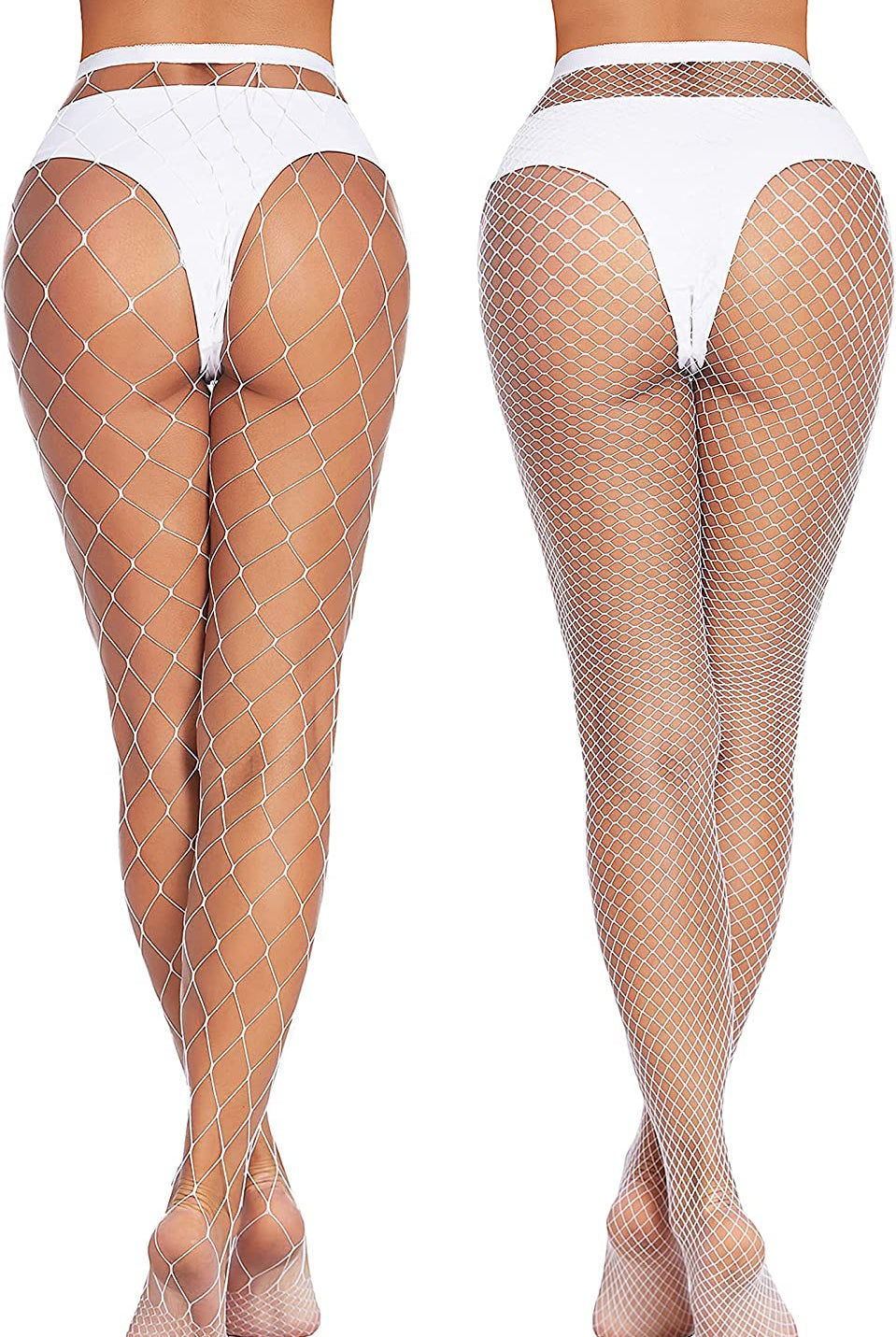 White diamond-net fishnet stockings on models, confident and sexy. Perfect for plus size lingerie.