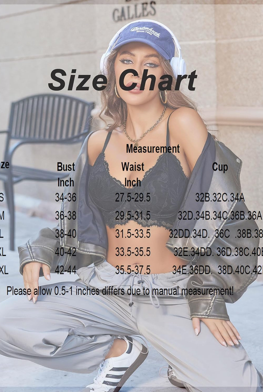 Black lace bustier top size chart with measurements; model wearing Avidlove lingerie