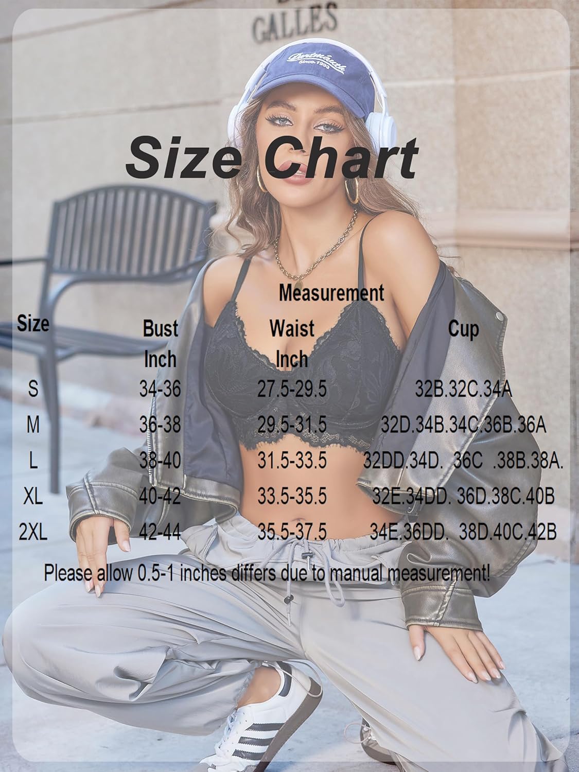 Black lace bustier top size chart with measurements; model wearing Avidlove lingerie
