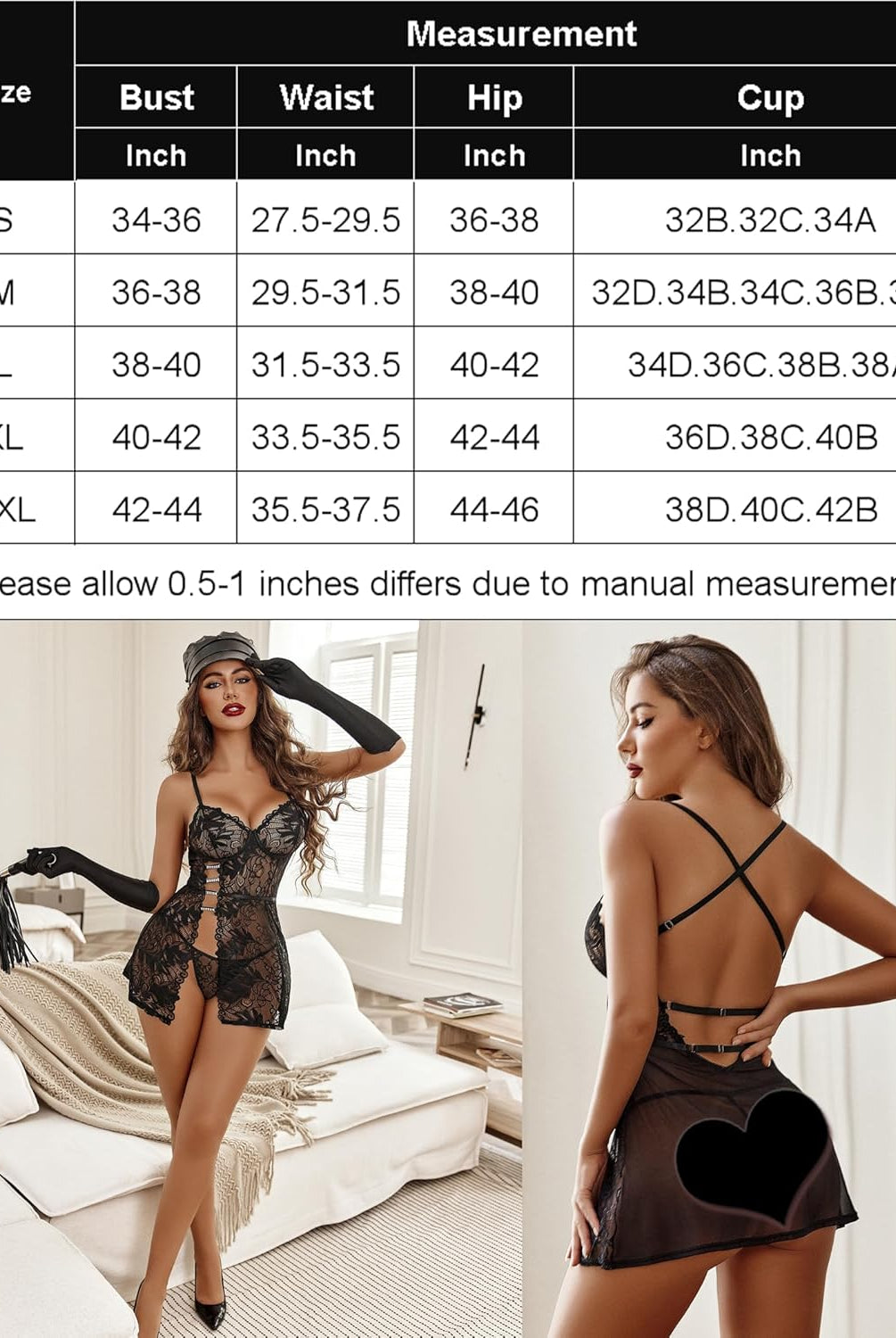 Black lace chemise dress with floral lace and crystal details, product size chart.