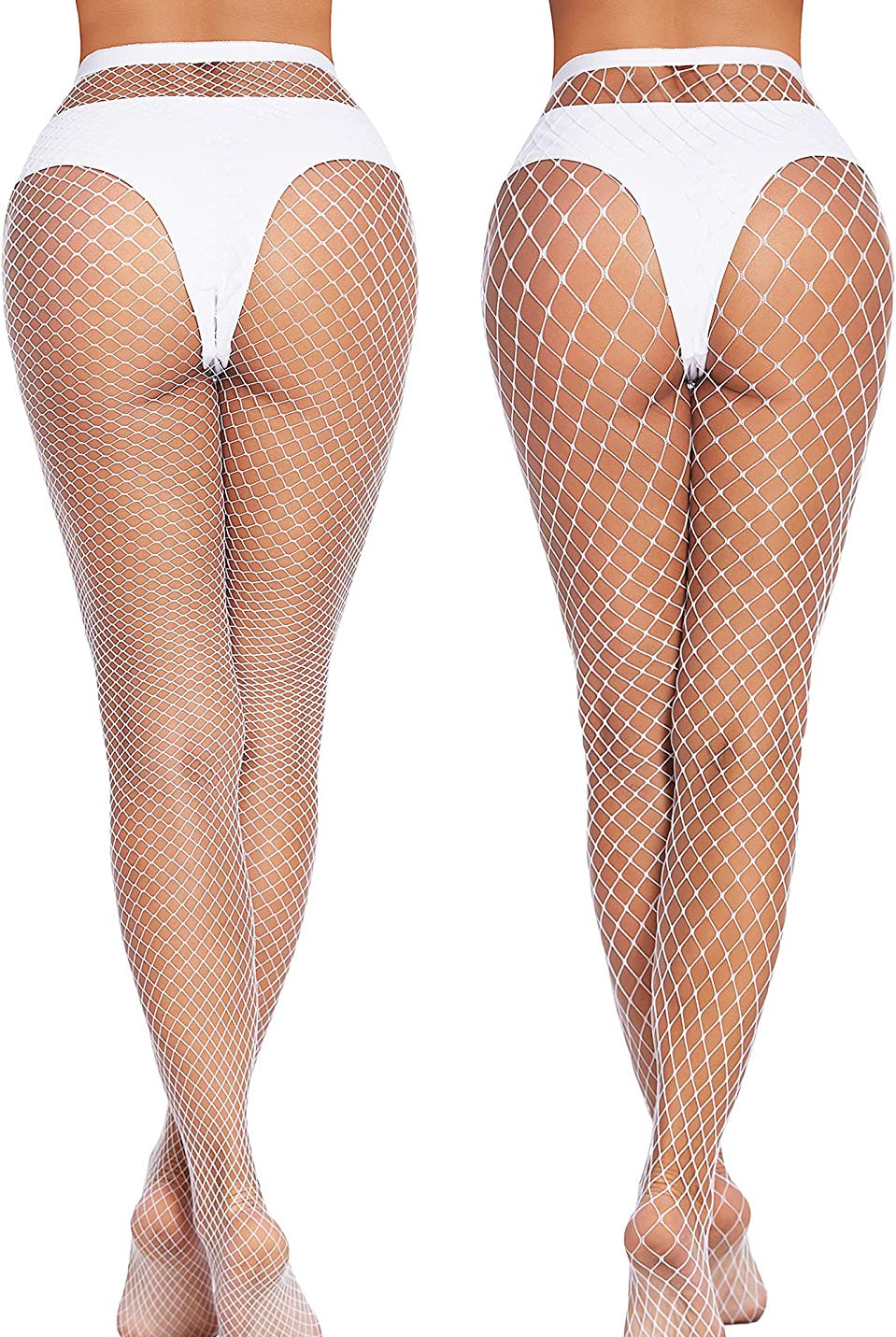 White fishnet stockings, diamond net pattern, confident and sexy look. Ideal for outfits.