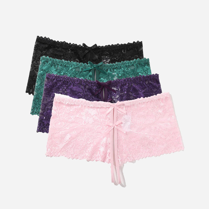 Lace high waist panties in black, green, purple, pink. Bow details, sexy lingerie.