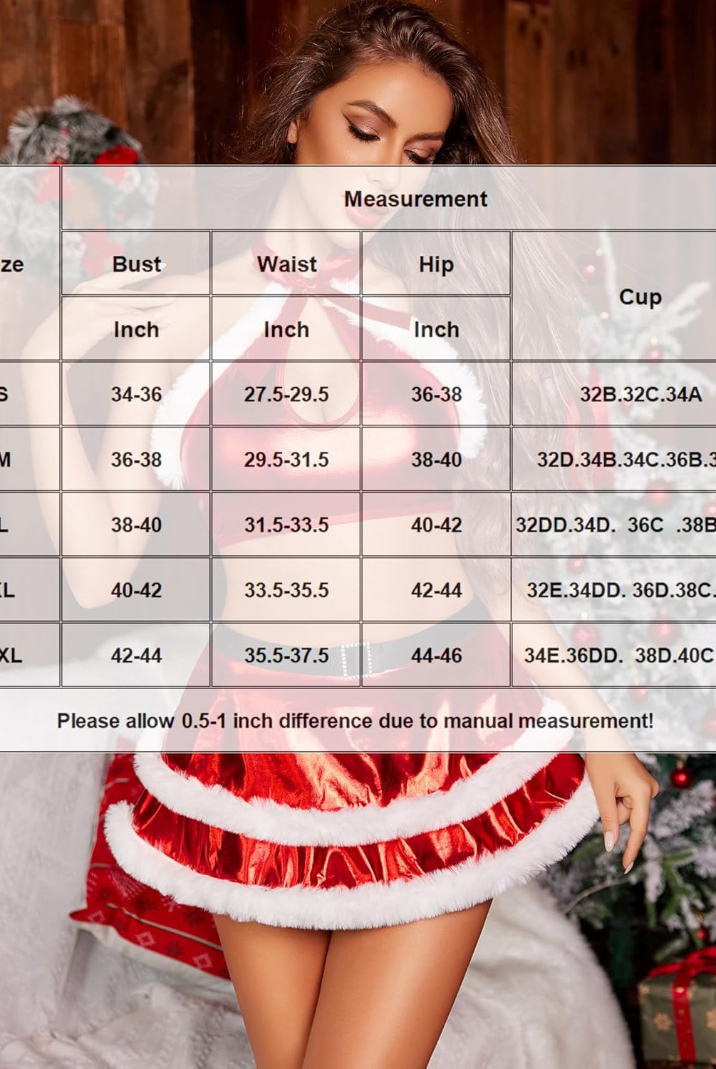 Christmas lingerie size chart for red leather set, showing bust, waist, and hip measurements.