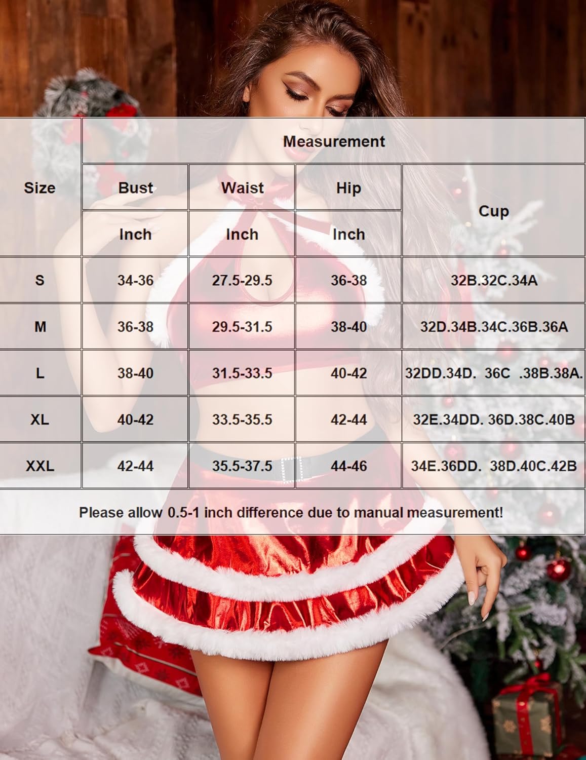 Christmas lingerie size chart for red leather set, showing bust, waist, and hip measurements.