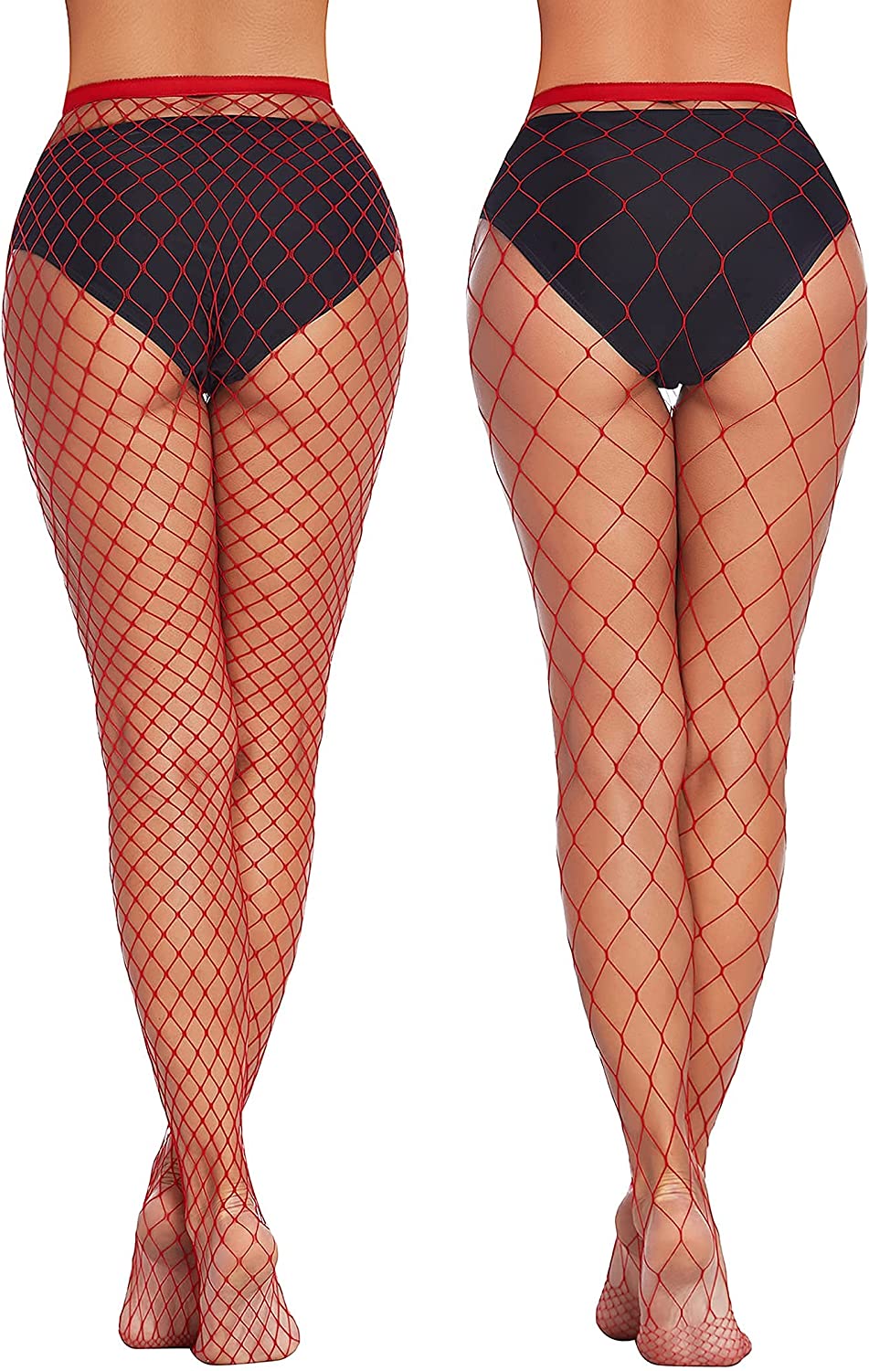 Red fishnet stockings, diamond net pattern, high-waisted, sexy and confident appearance