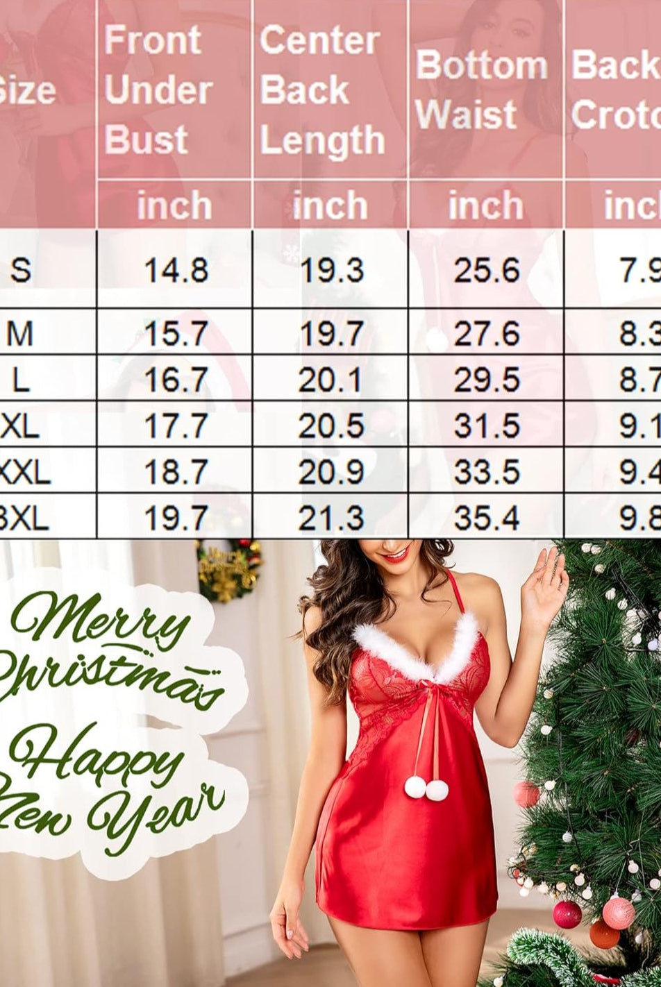 Christmas Satin Lingerie Size Chart. Red chemise with white fur trim, festive greetings