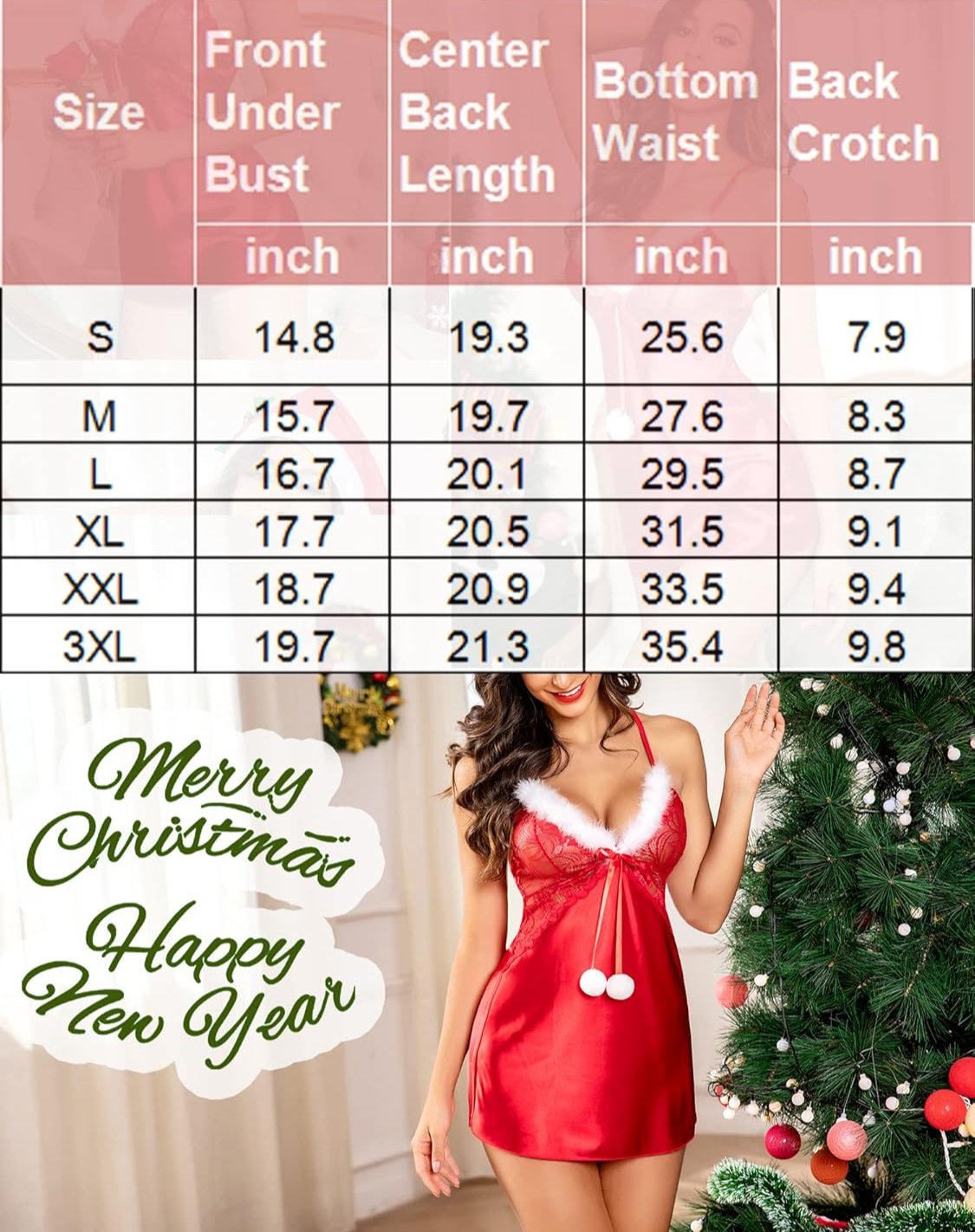 Christmas Satin Lingerie Size Chart. Red chemise with white fur trim, festive greetings