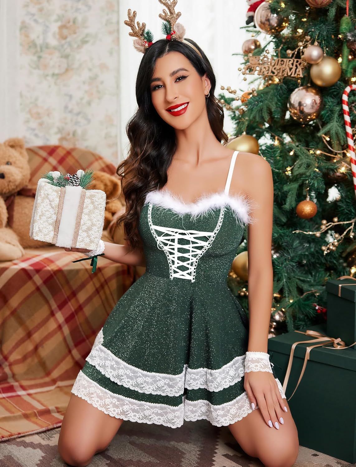 Green Christmas dress with white lace, criss-cross front, ideal for holiday festivities