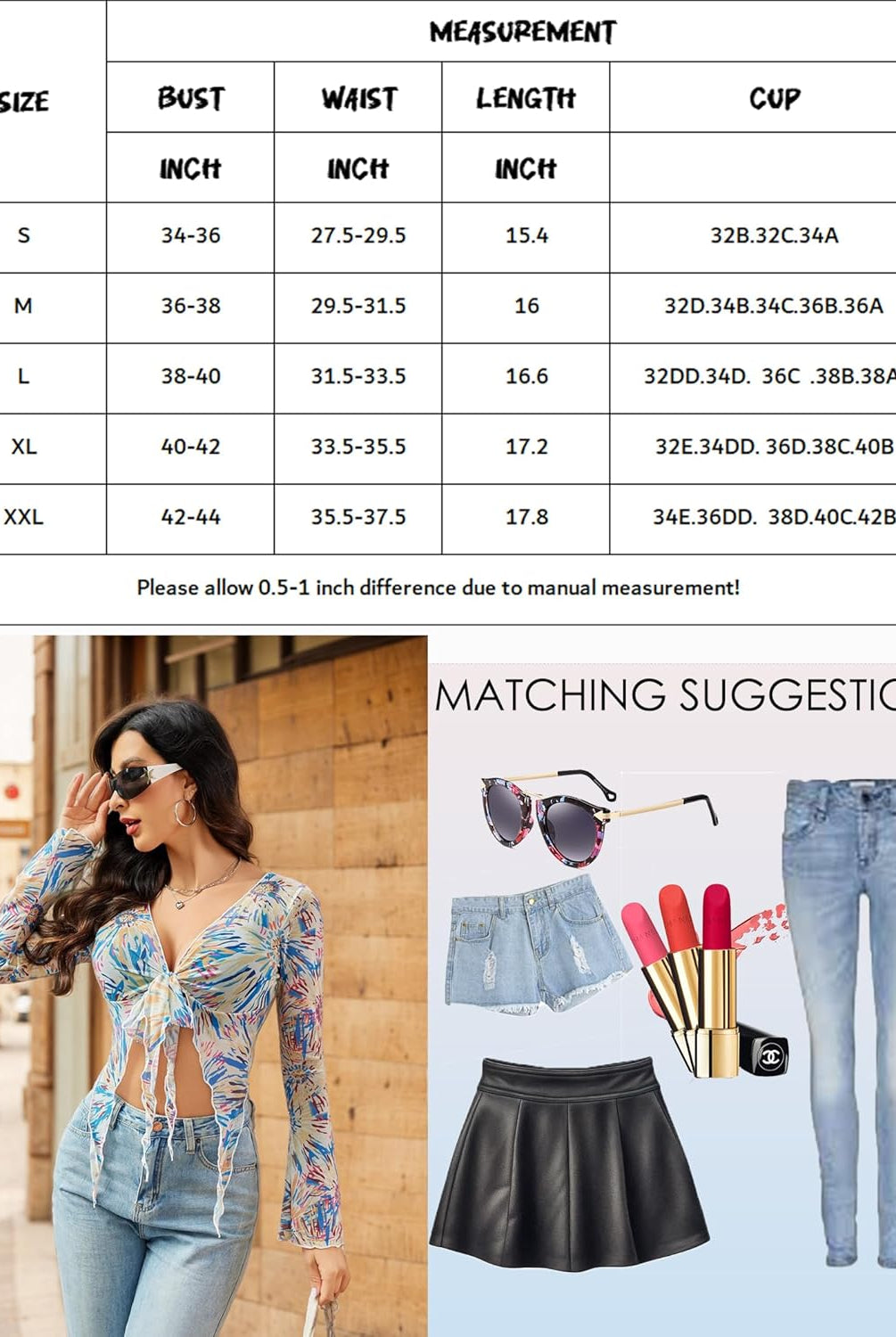 Y2K mesh crop top with size chart and matching suggestions. Long sleeves, sexy lingerie style.