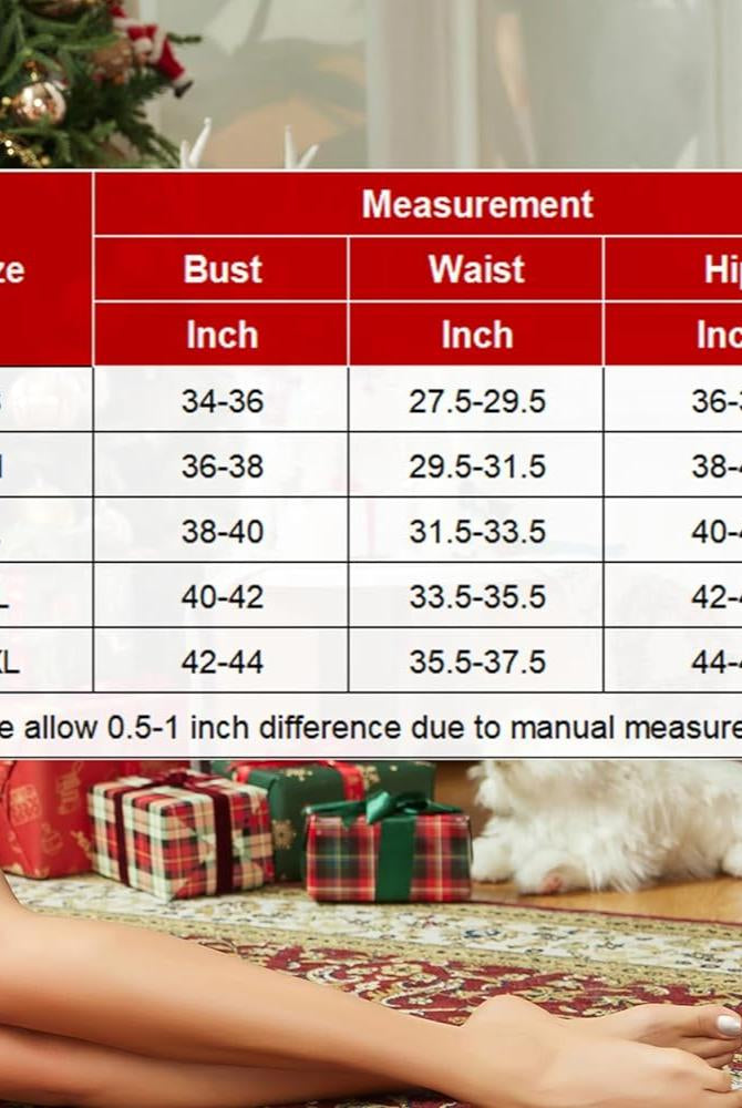 Christmas Santa dress size chart: bust, waist, hip measurements for a perfect fit. Sizes S-XXL.