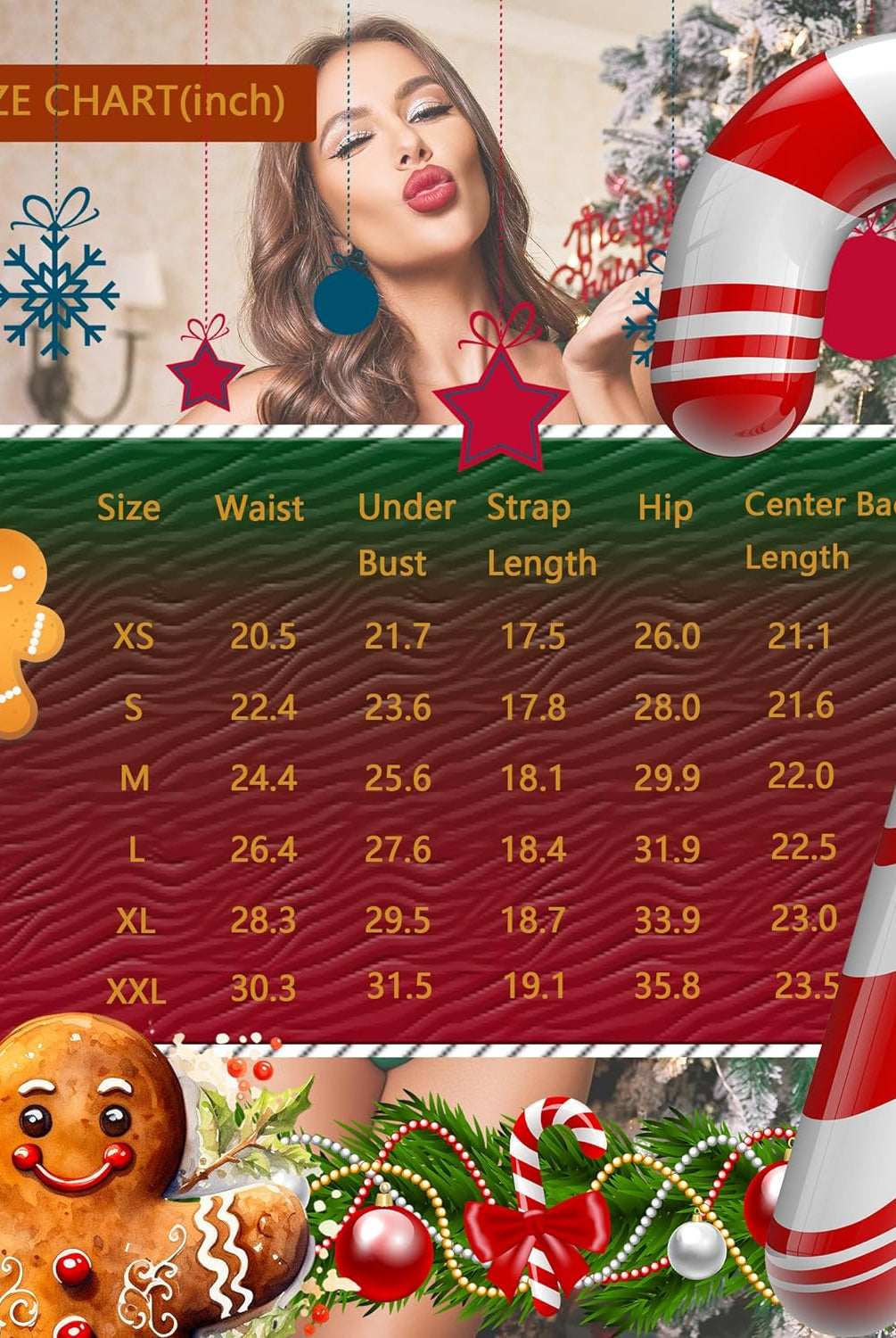 Nighty size chart with waist, under strap bust, hip, length, and center back length table
