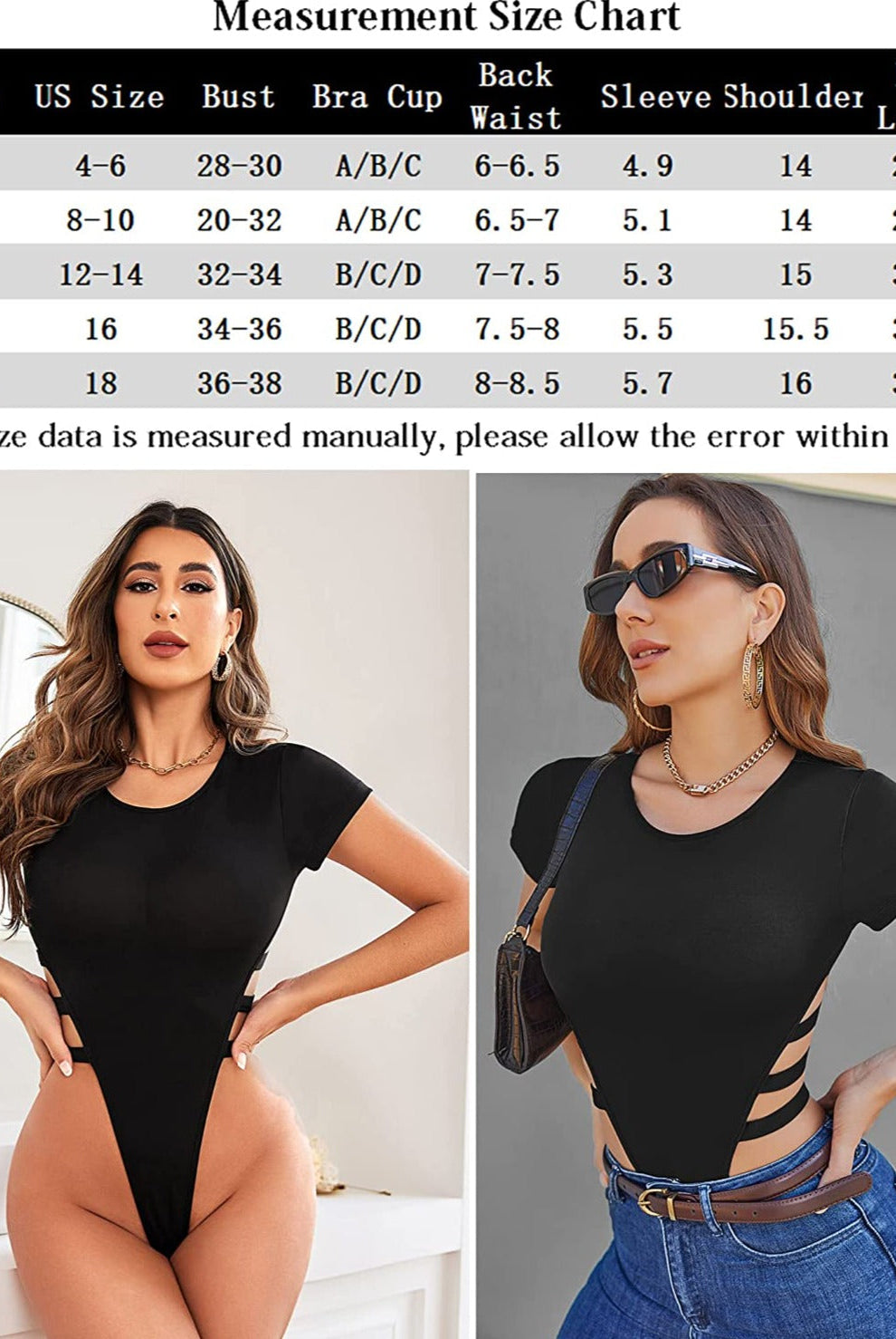 Black short-sleeve cut-out bodysuit leotard with curved side cutouts