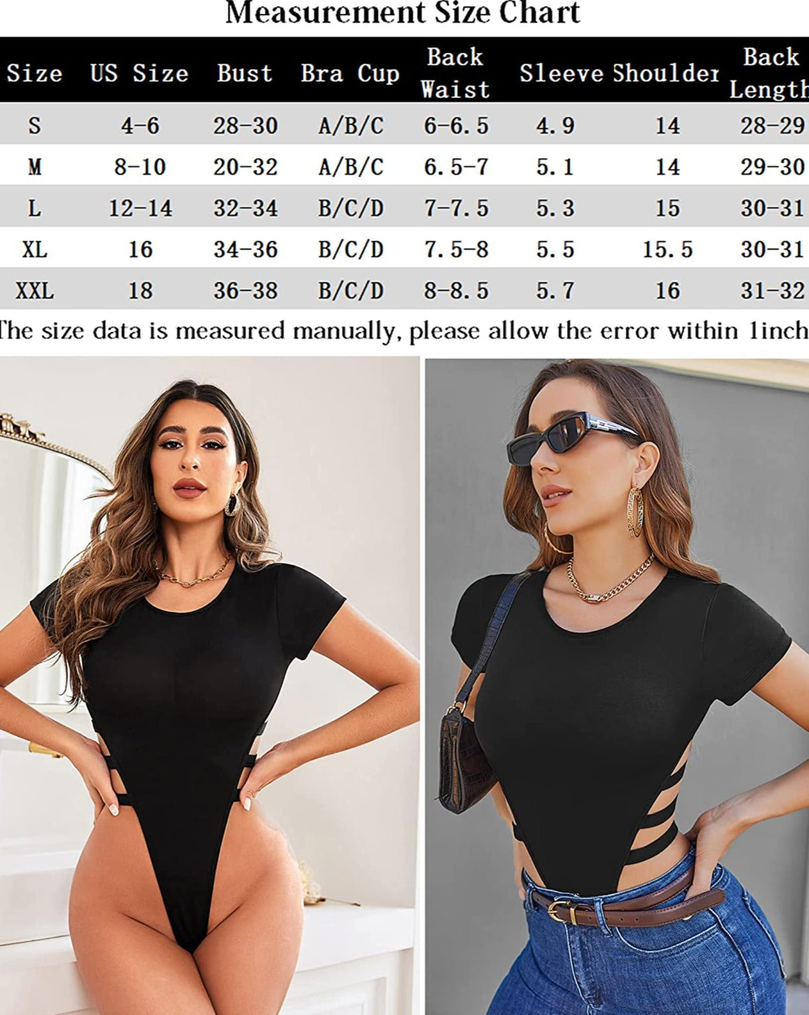 Black cut-out short sleeve bodysuit, measurement chart. Sexy and stylish lingerie for women.