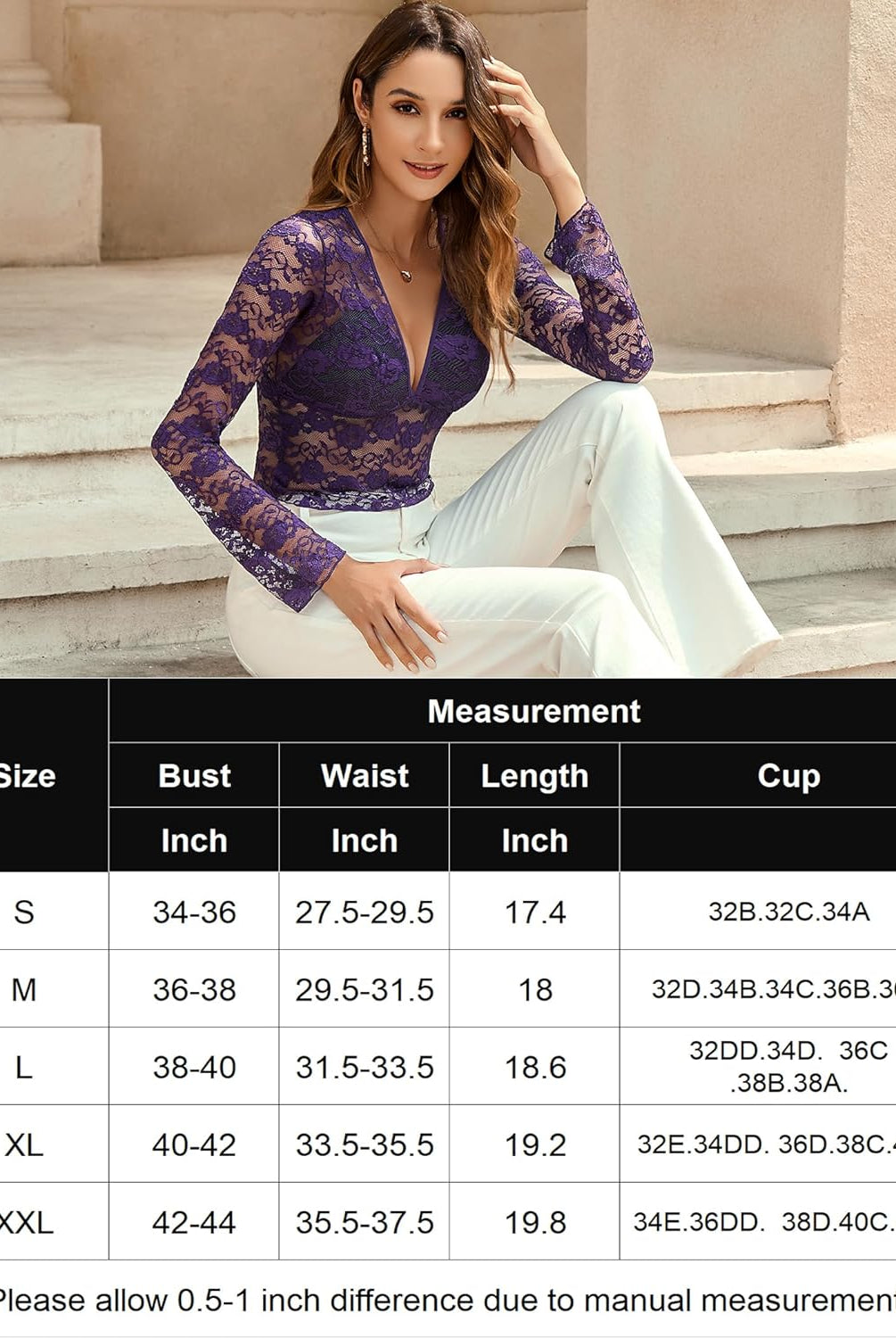 Purple floral lace long sleeve blouse; sheer sexy top, with size chart