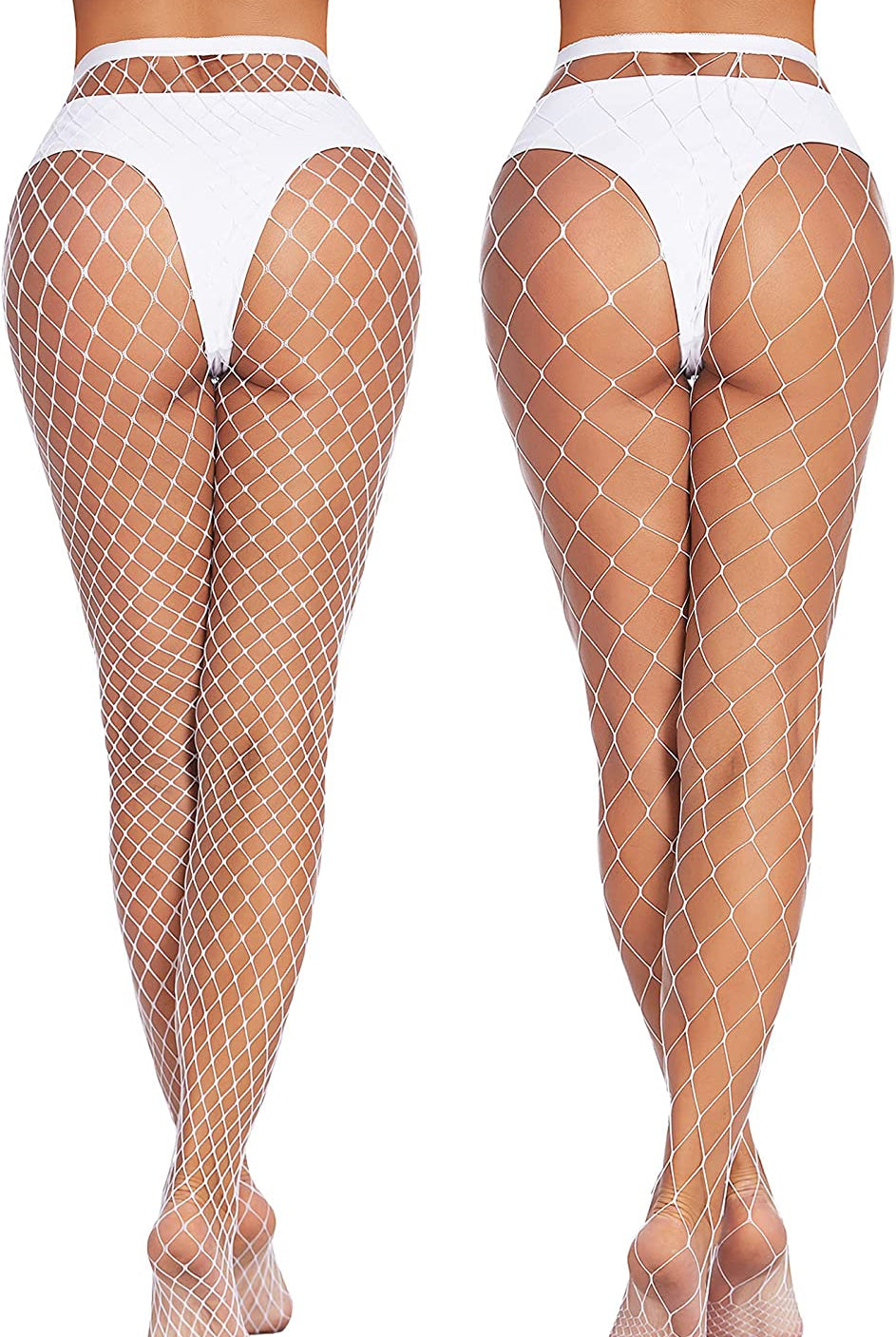 White diamond net fishnet stockings on models, confident and sexy look. Ideal for plus size outfits.