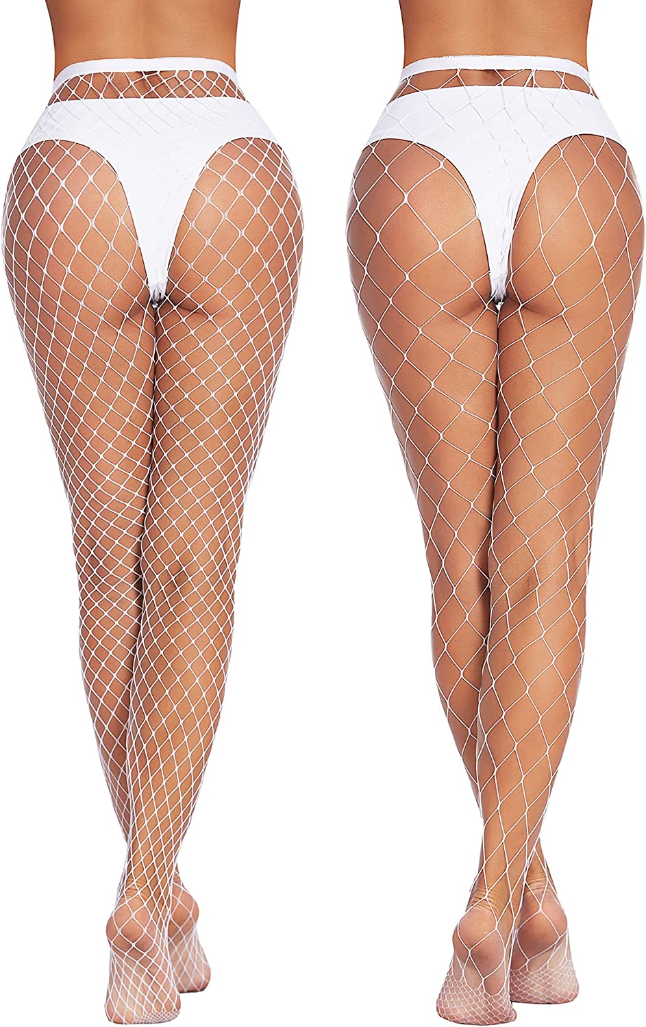 White diamond net fishnet stockings on models, confident and sexy look. Ideal for plus size outfits.