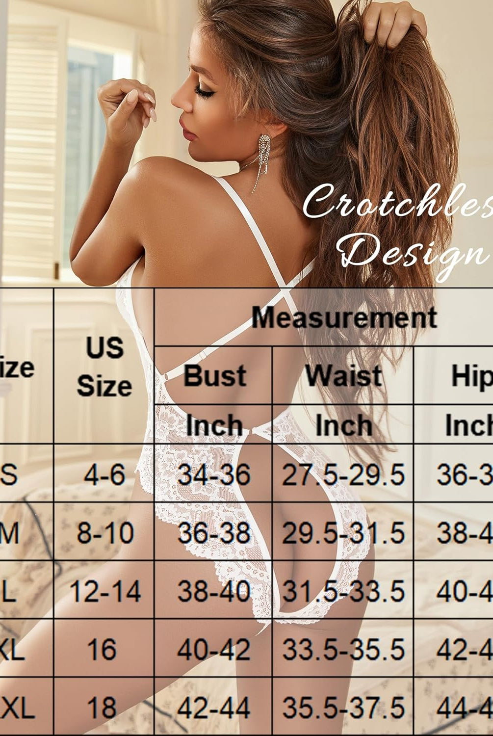 White lace crotchless teddy lingerie, deep V-neck, size chart for perfect fit.
