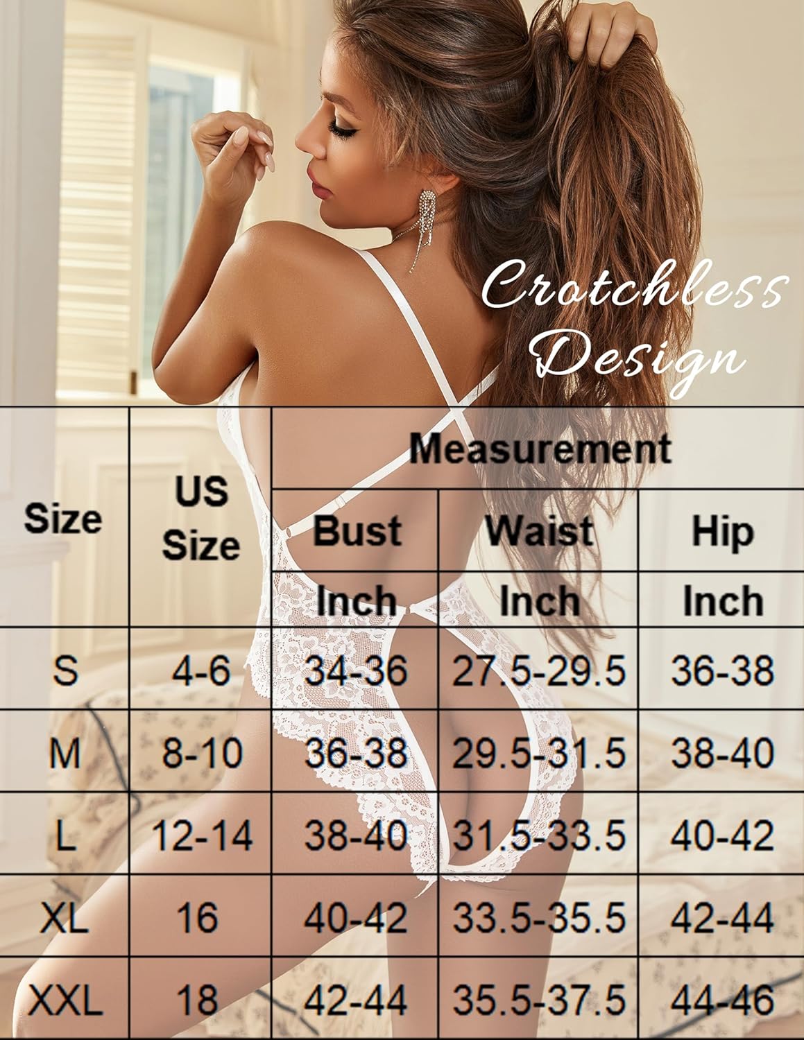 White lace crotchless teddy lingerie, deep V-neck, size chart for perfect fit.