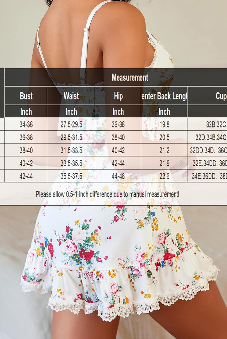 White floral babydoll sleepwear with lace trim, size chart included, perfect for a special night