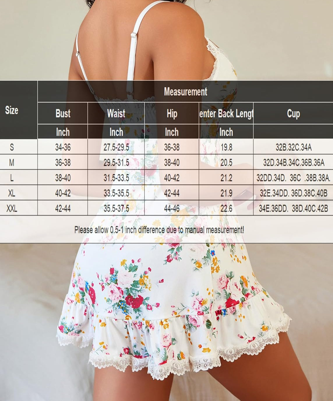 White floral babydoll sleepwear with lace trim, size chart included, perfect for a special night