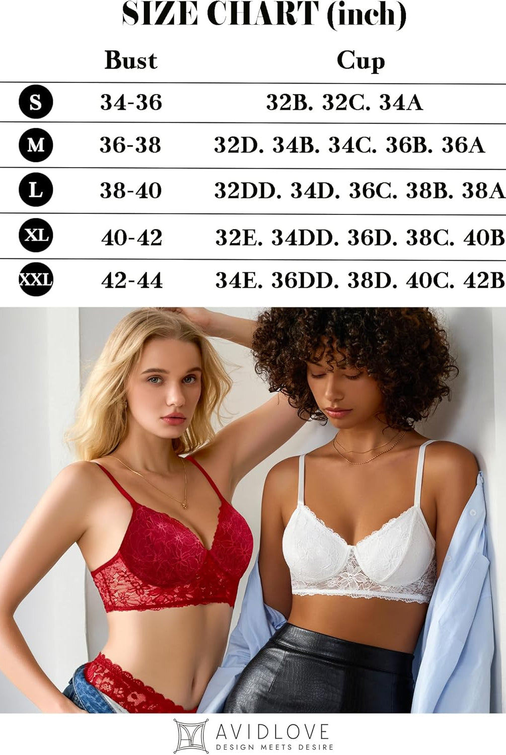 Avidlove lace bralette size chart, featuring red and white lace bras, perfect for everyday wear.