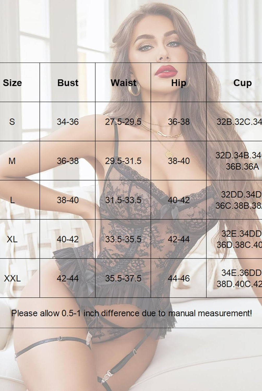Black lace corset lingerie set size chart: bust, waist, hip, and cup measurements for sizes S-XXL
