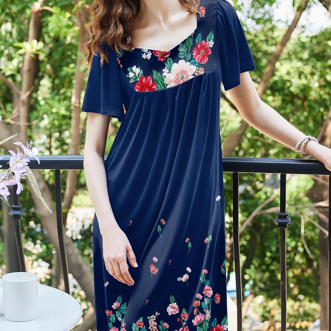 Women’s house dress, navy blue with red and pink floral print, gathered bodice, short sleeves
