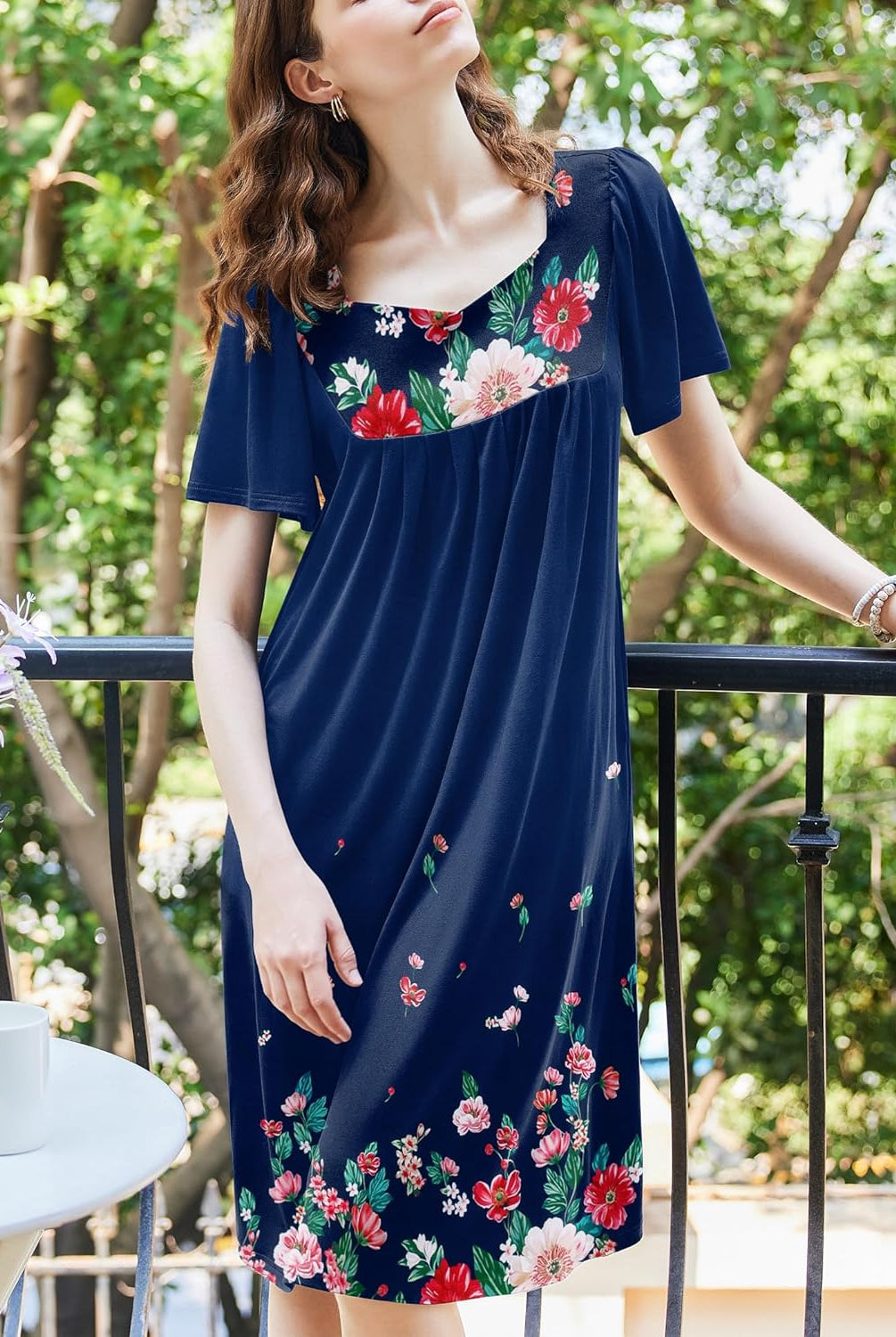 Women’s house dress, navy blue with red and pink floral print, gathered bodice, short sleeves