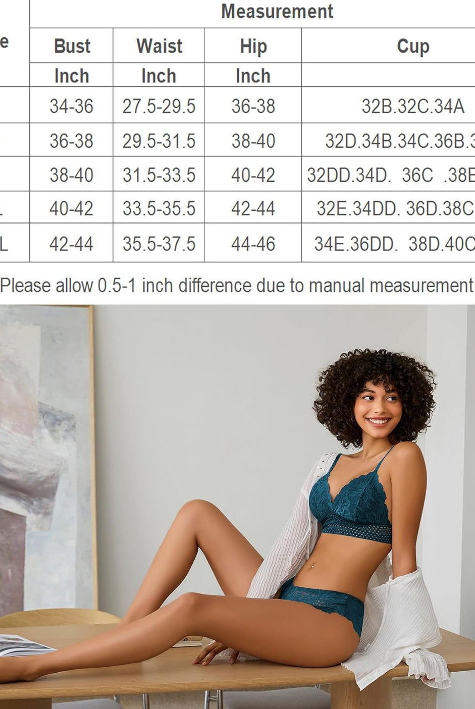 Teal lace bralette and panty set with size chart. Floral lace lingerie for women.