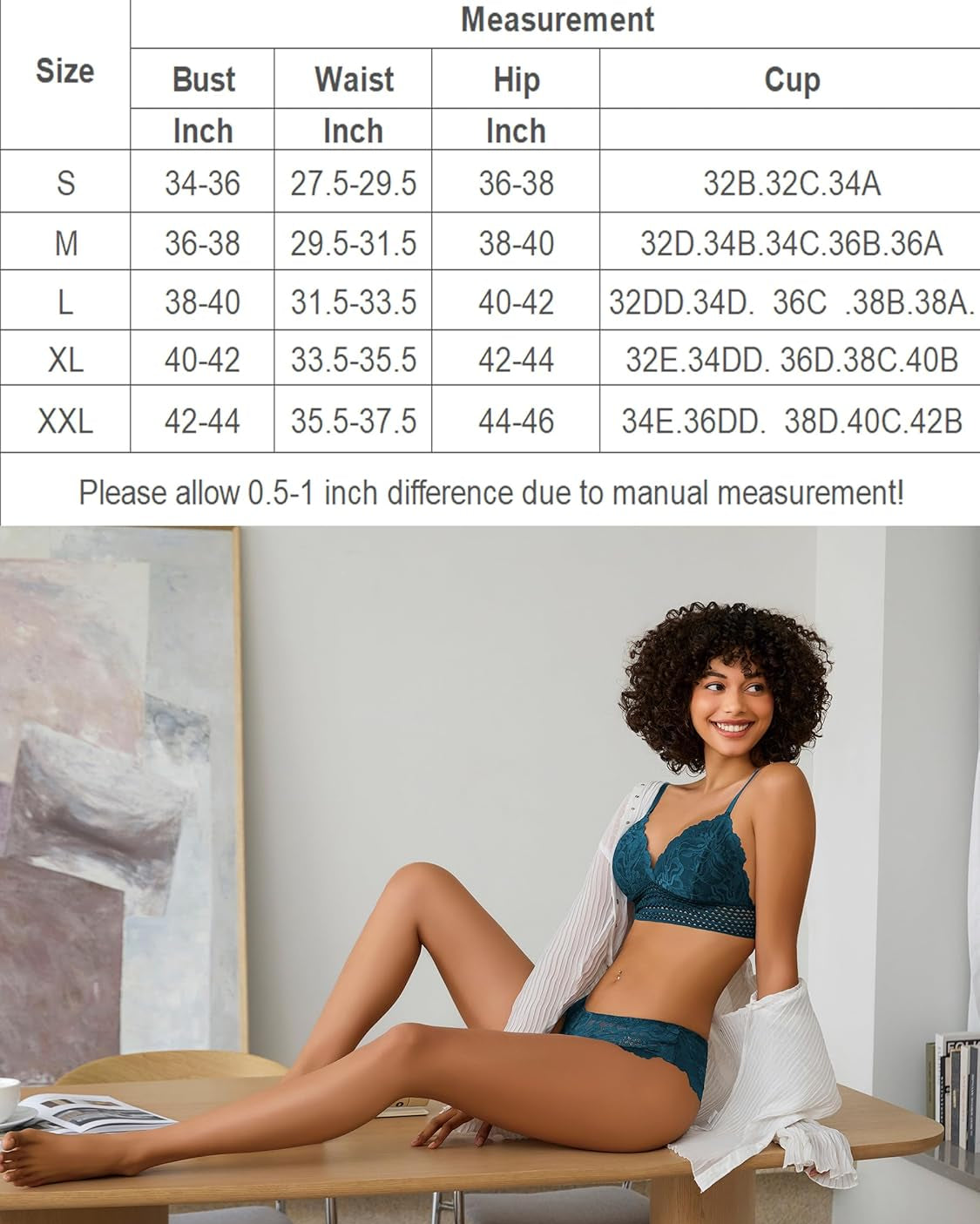 Teal lace bralette and panty set with size chart. Floral lace lingerie for women.