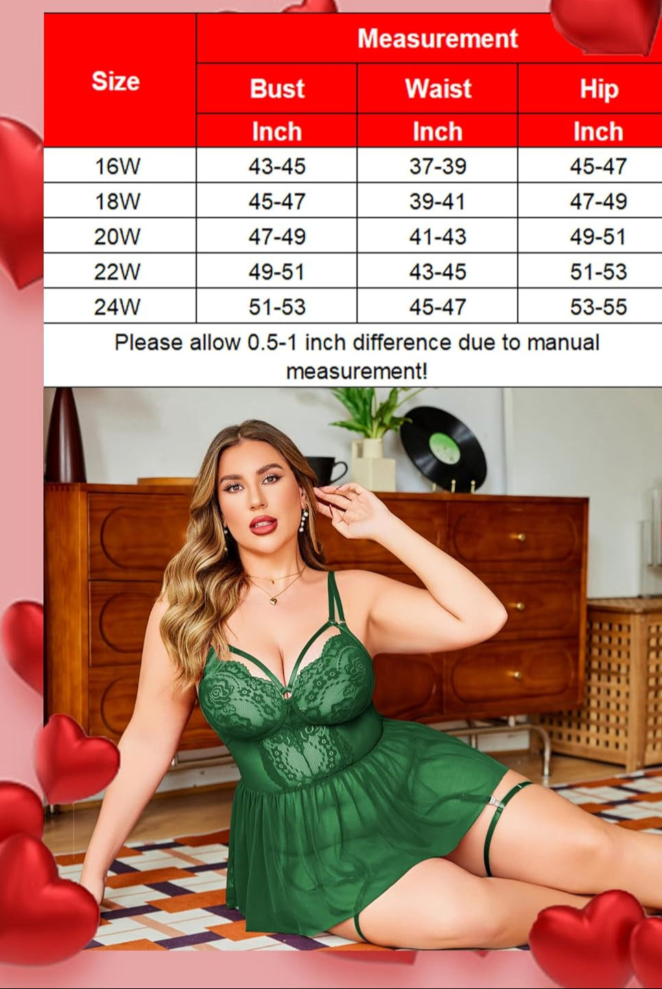 Plus Size Green Lace Babydoll Lingerie Set with Size Chart, Adjustable Straps, Sheer Mesh