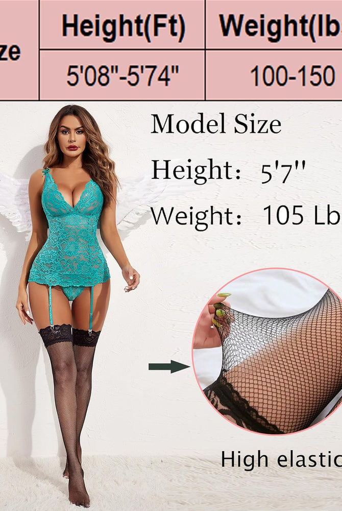 Model in fishnet thigh-high stockings, emphasizing high elasticity, ideal for women's sexy lingerie