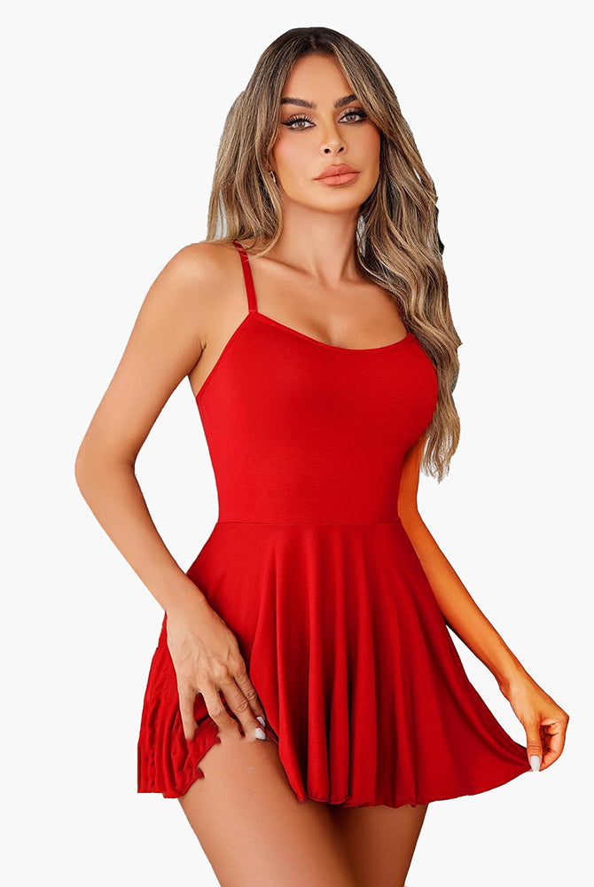 Red strap nightgown chemise dress with flared skirt, perfect for a special night.
