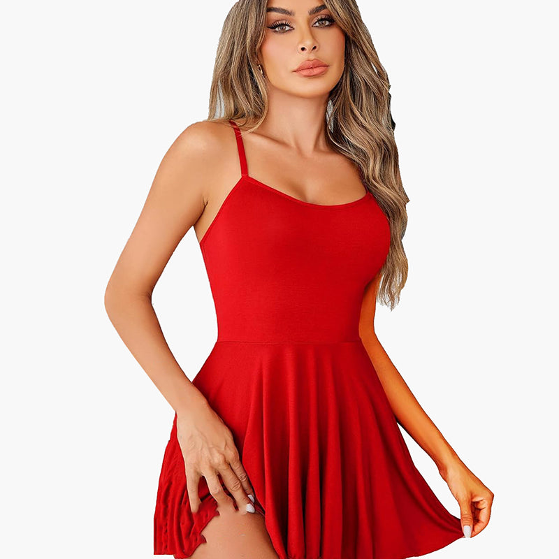 Red strap nightgown chemise dress with flared skirt, perfect for a special night.