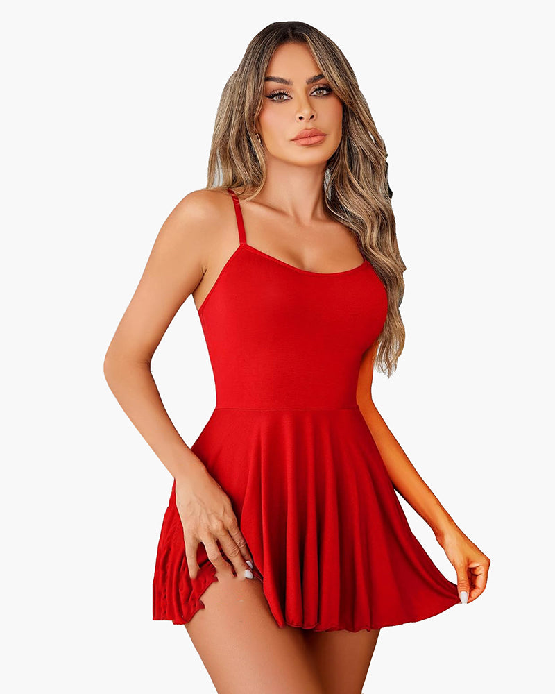 Red strap nightgown chemise dress with flared skirt, perfect for a special night.