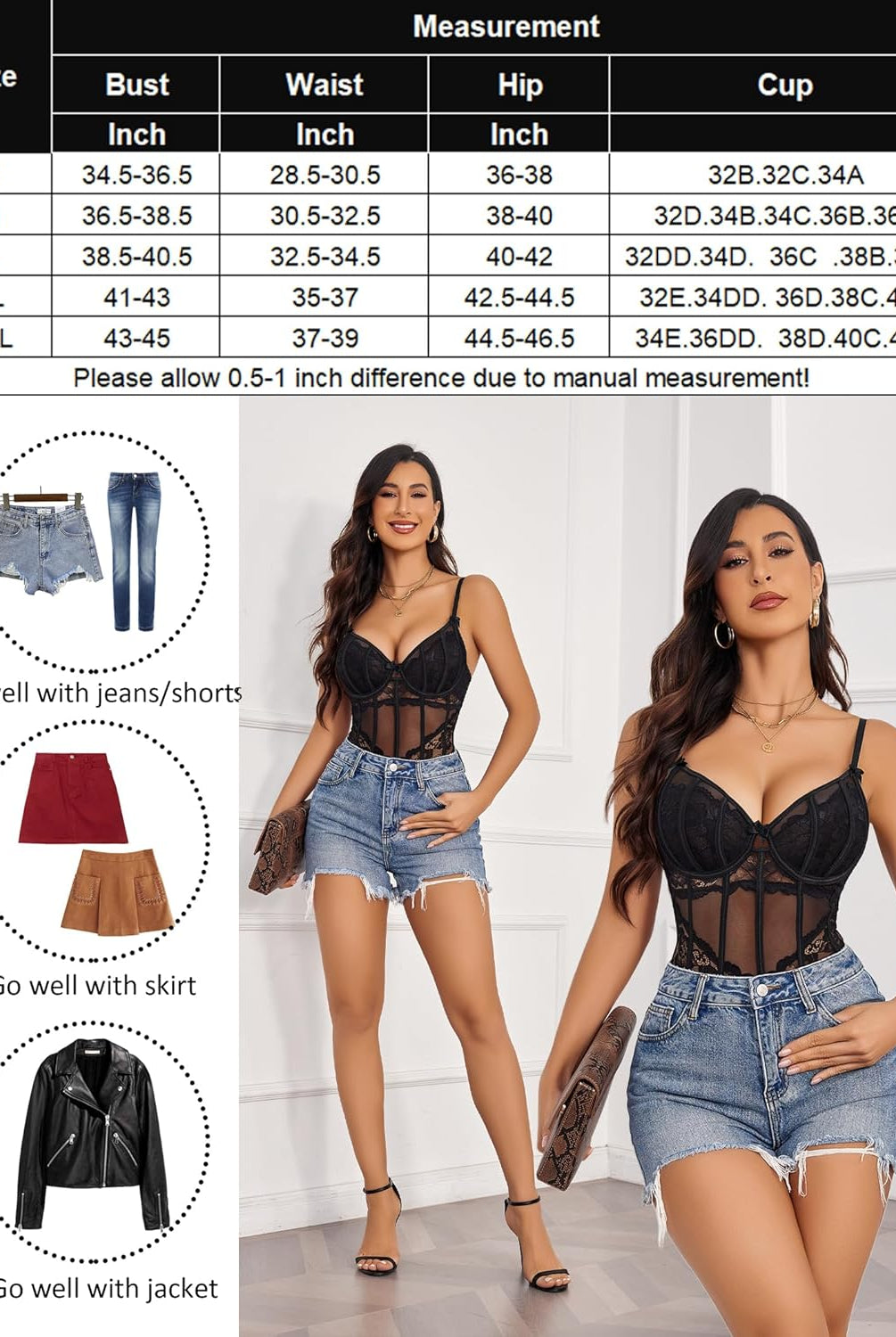 Black lace bodysuit with underwire, V-neck. Size chart and style suggestions for chic outfits.