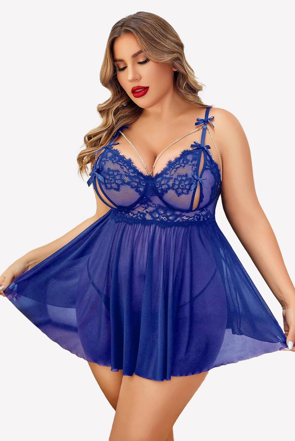 Plus Size Blue Lace Babydoll Nighty with Adjustable Straps and Chain Detail