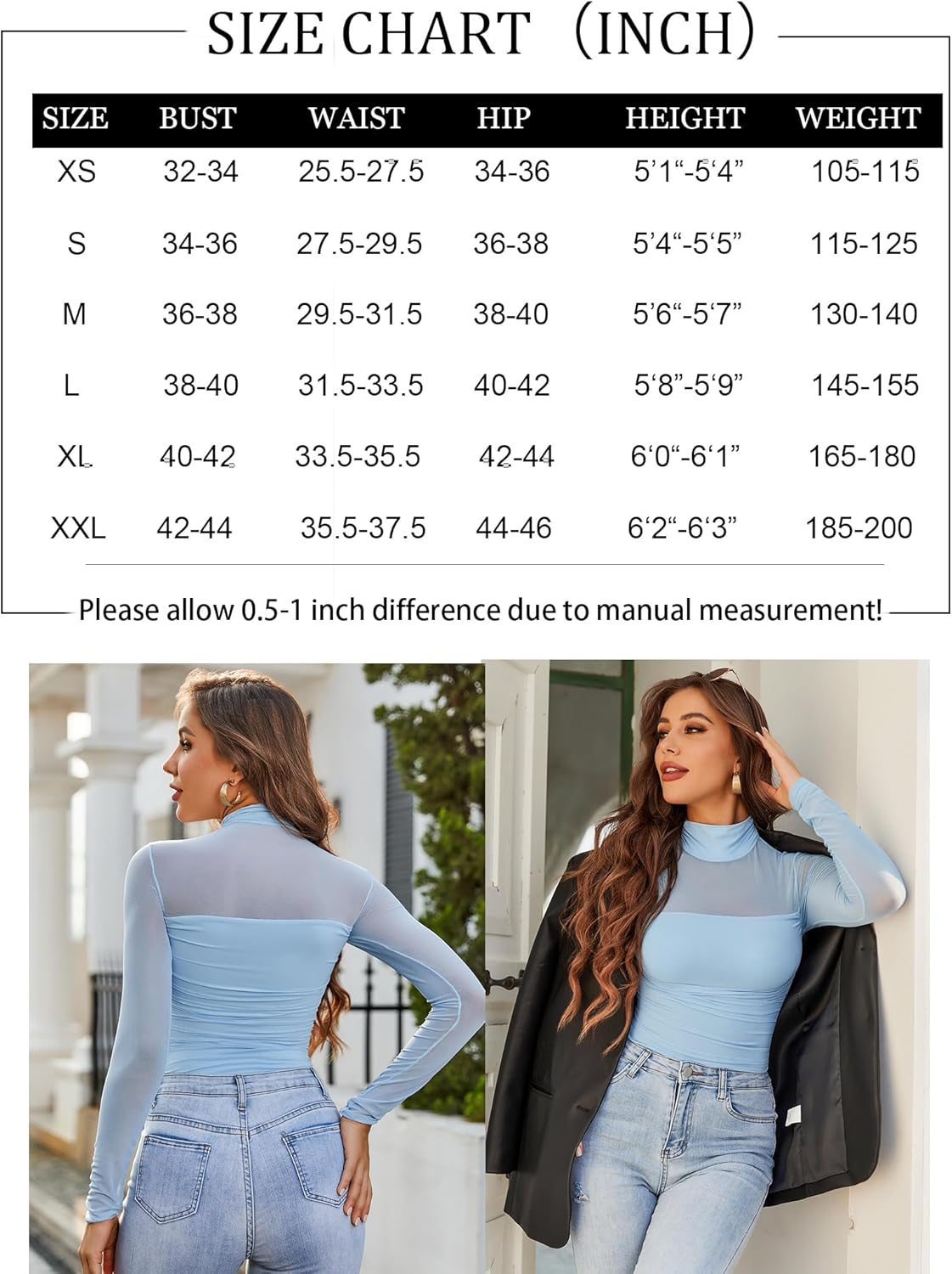 Blue mesh turtleneck bodysuit for women, size chart (inch) on background. Perfect going out outfit.