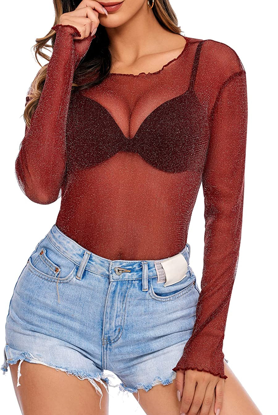 Red mesh long sleeve see through shirt with denim shorts. Night out outfit.