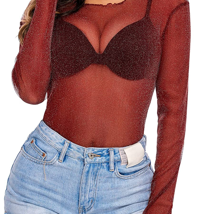 Red mesh long sleeve see through shirt with denim shorts. Night out outfit.