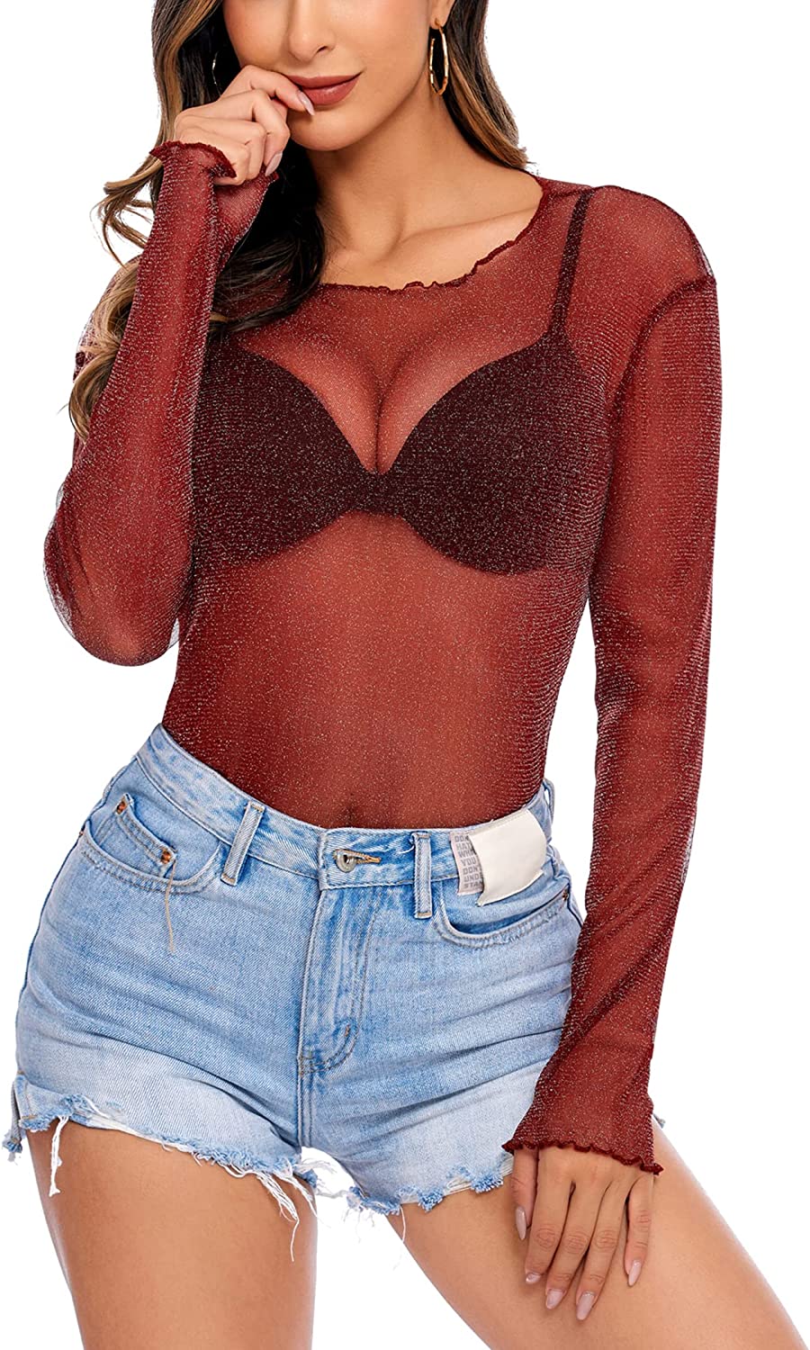 Red mesh long sleeve see through shirt with denim shorts. Night out outfit.