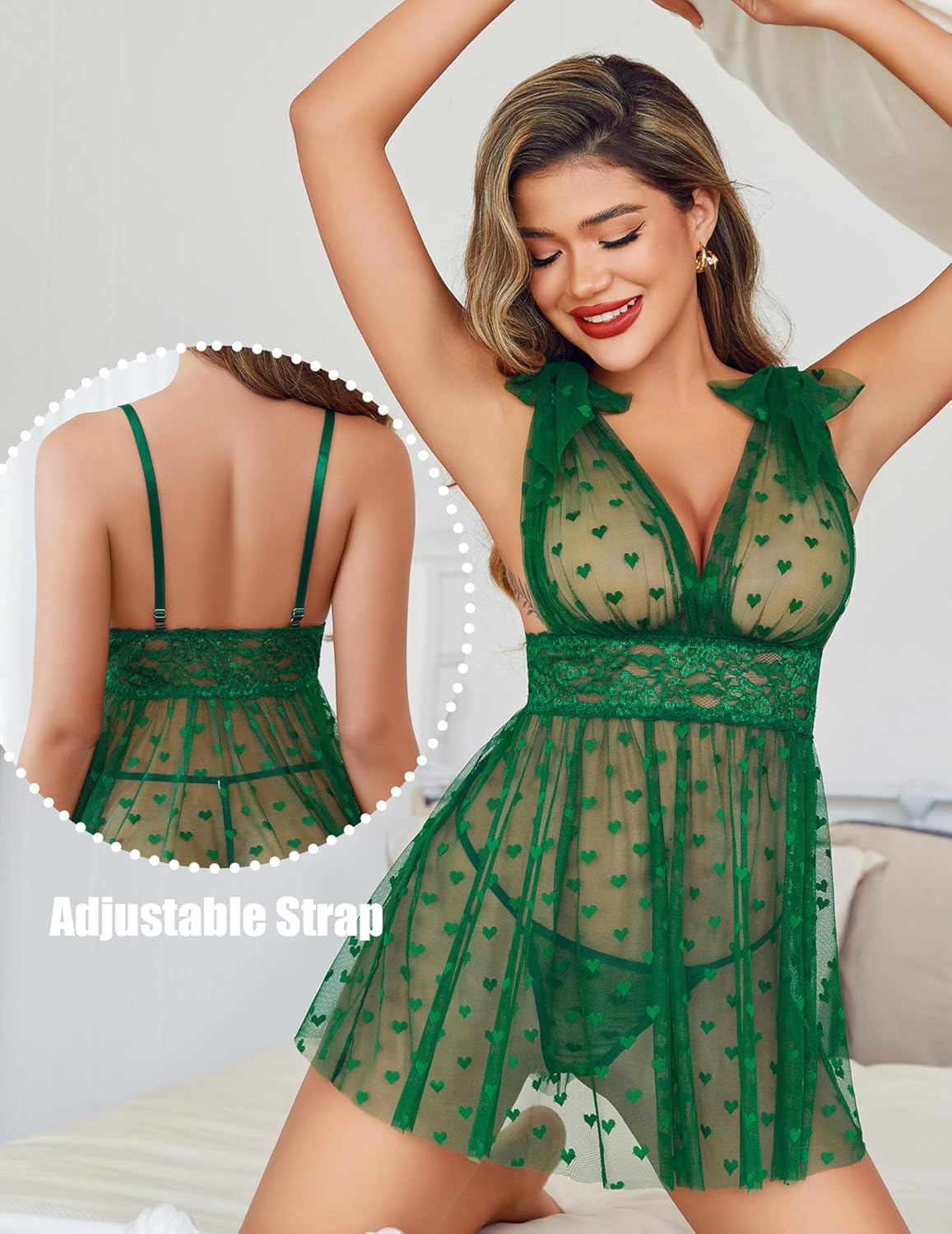 Green heart print sheer mesh babydoll nighty with lace, adjustable straps