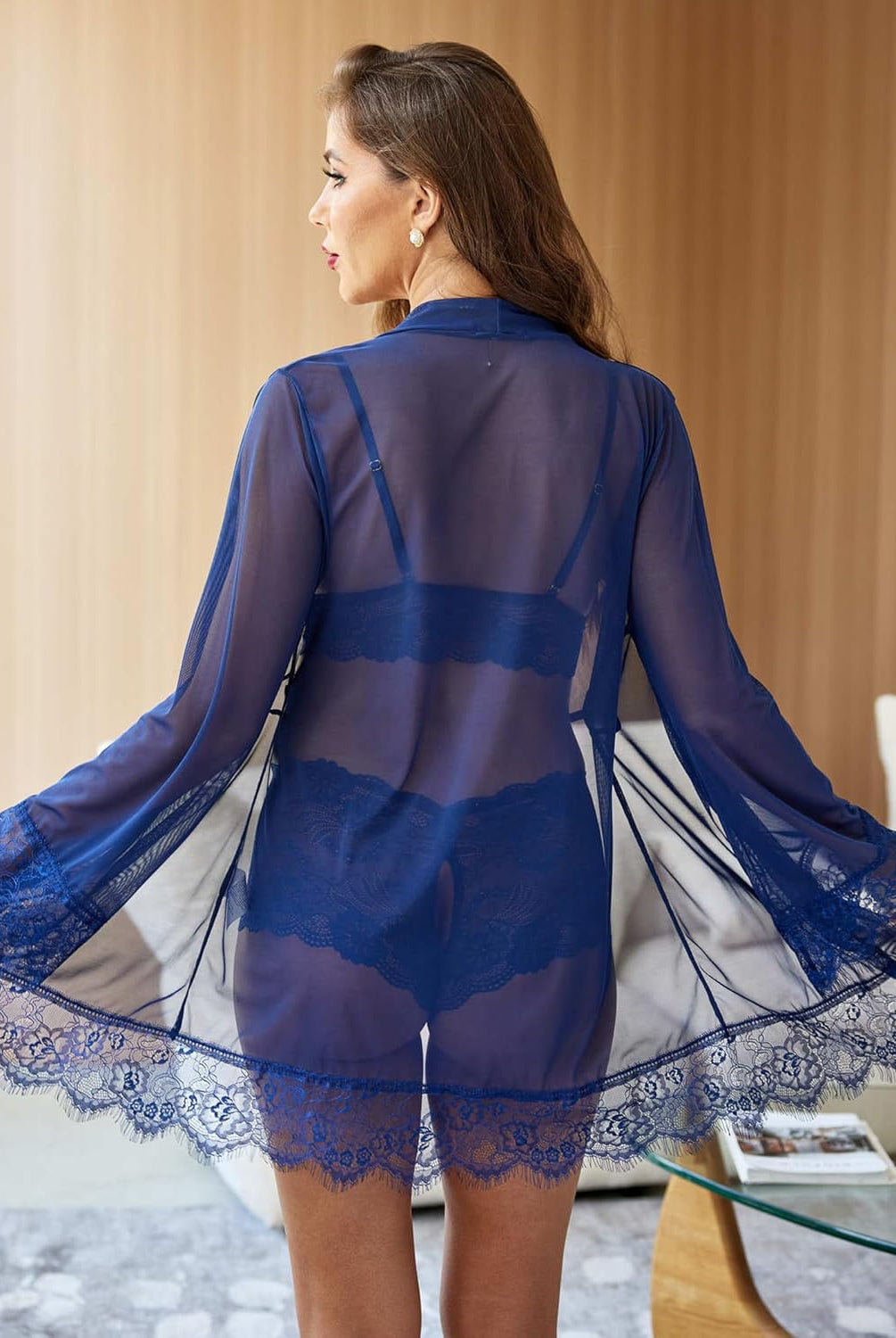 Avidlove blue lace lingerie set with kimono robe, bra, and panty; sleepwear.