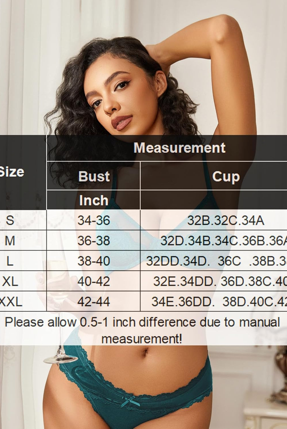 Teal minimizer bra and panty set with size chart for bust and cup measurements, for large breasts