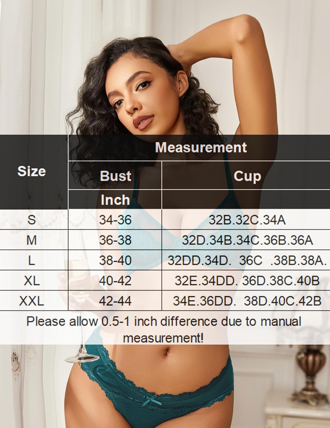 Teal minimizer bra and panty set with size chart for bust and cup measurements, for large breasts