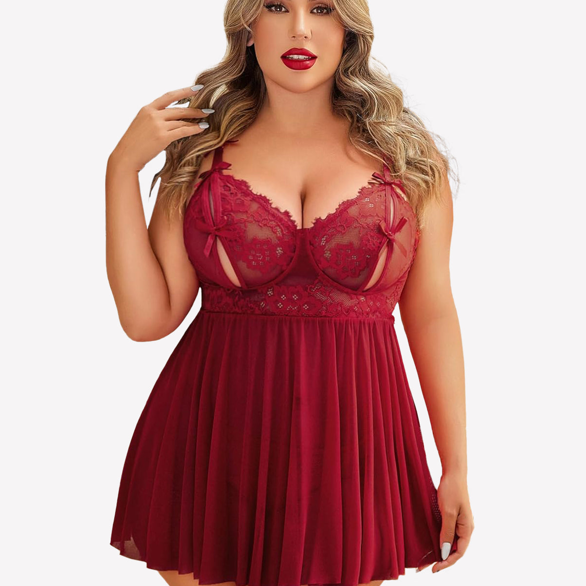 Plus size red babydoll nighty with lace cups and adjustable straps, flattering and sexy lingerie