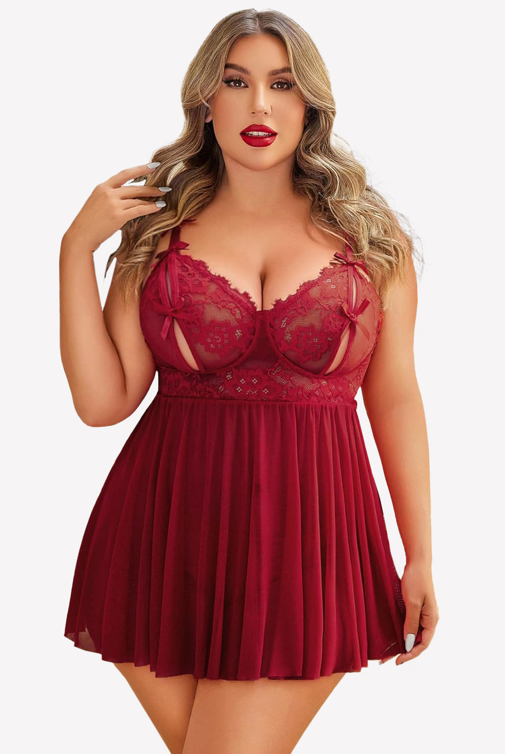 Plus size red babydoll nighty with lace cups and adjustable straps, flattering and sexy lingerie