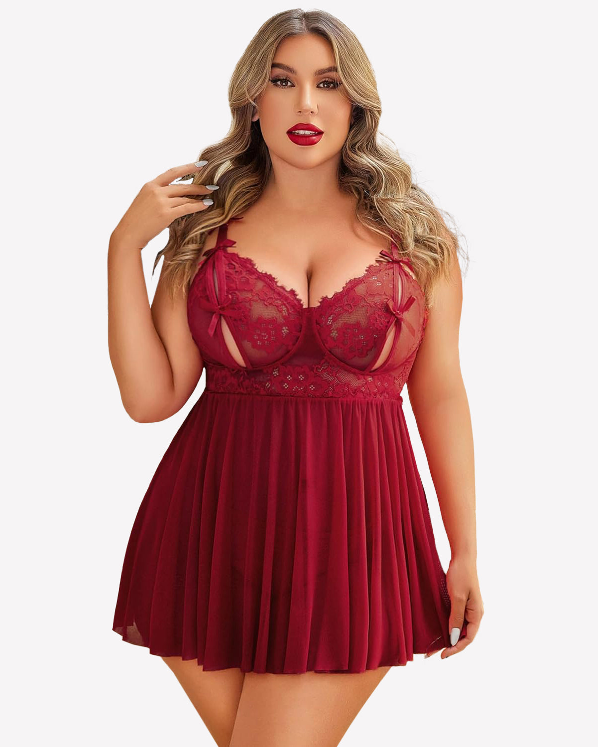 Plus size red babydoll nighty with lace cups and adjustable straps, flattering and sexy lingerie