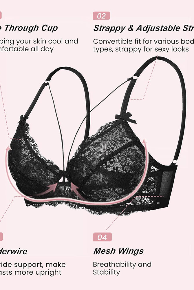 Black lace strappy bra with see-through cups, underwire, and adjustable straps for a sexy fit.