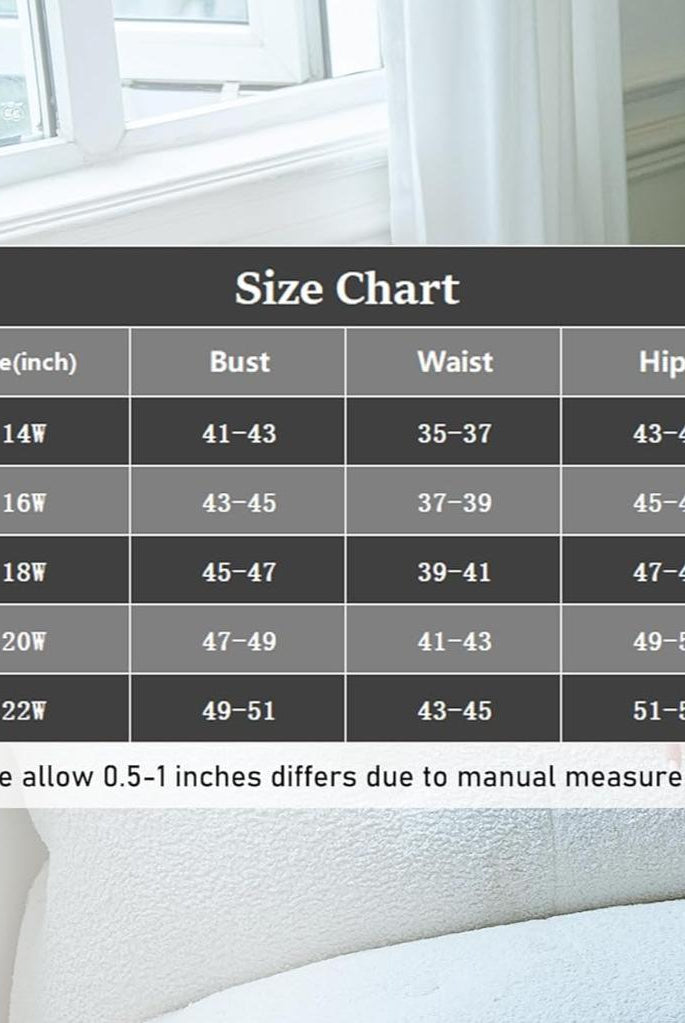Plus size nightie size chart with bust, waist, and hip measurements for sizes 14W to 22W.